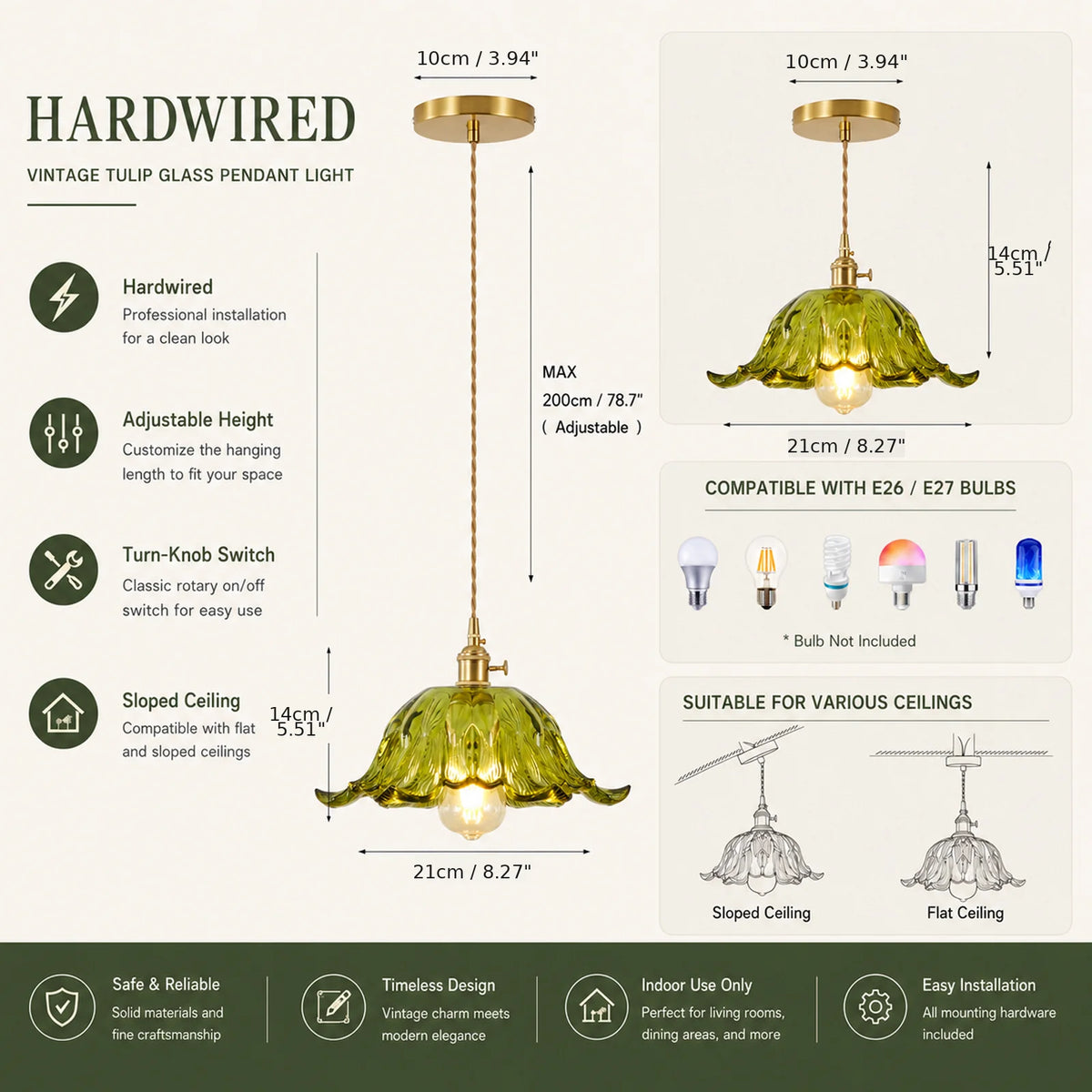 Verde Glass Brass Pendant