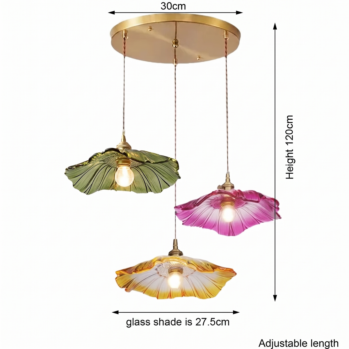 Bloom Glass Pendant dimensions - green pink amber shades, adjustable length