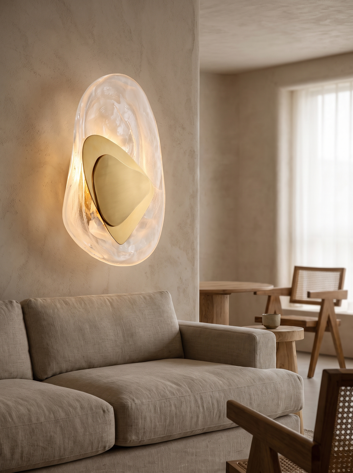 Fresco Patterned Glass Sconce with brass shield above a sofa