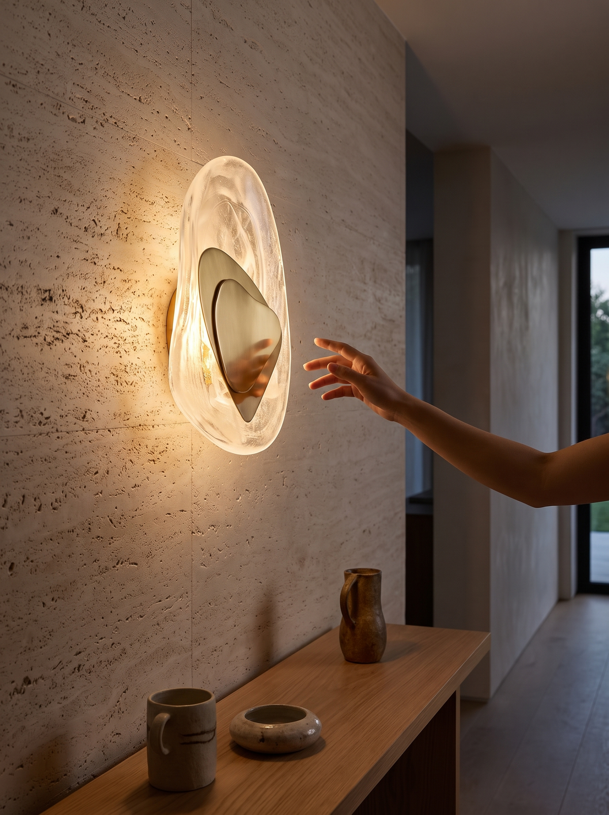 Fresco Patterned Glass Sconce above a hallway console