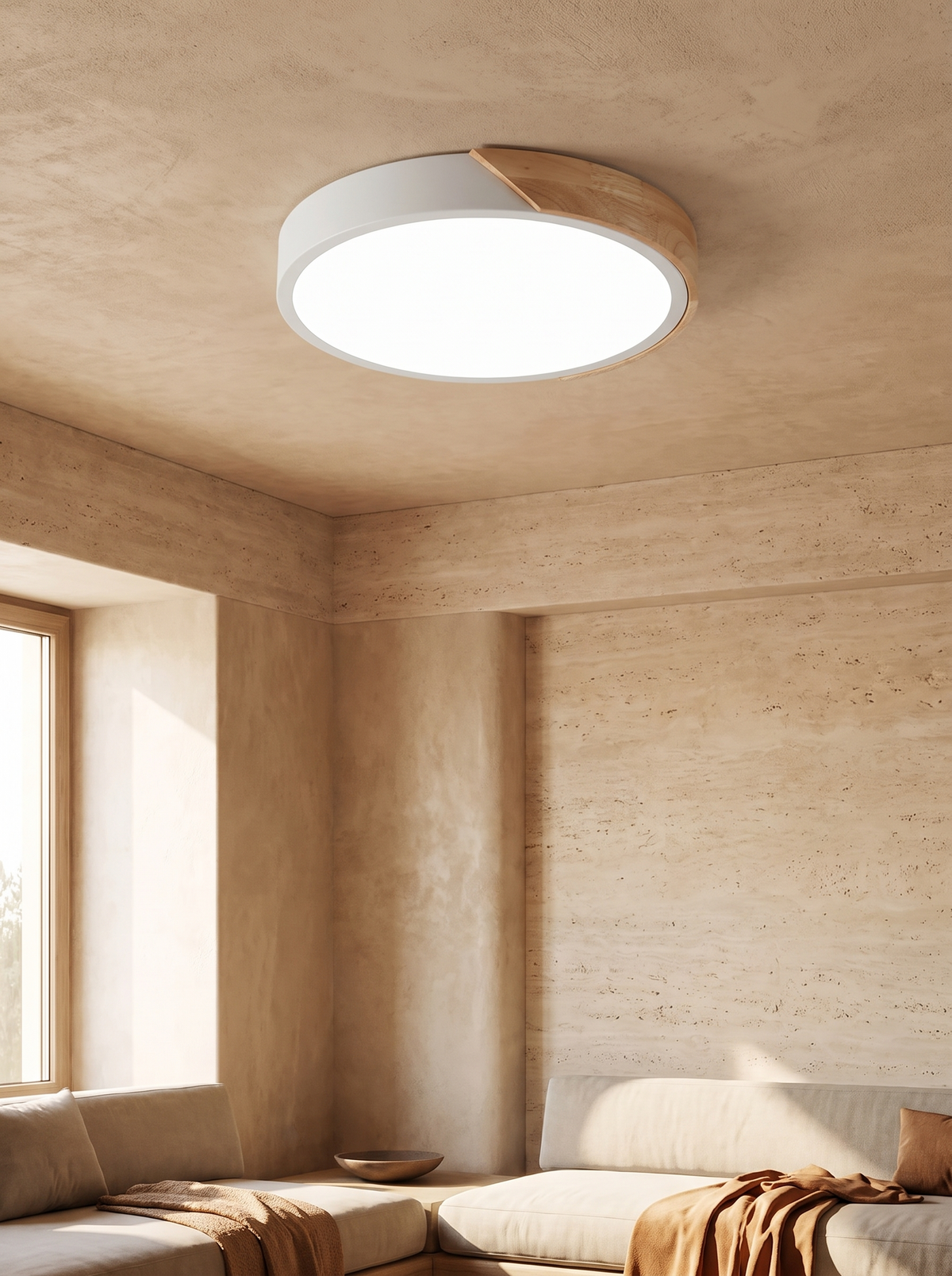 Slim LED Ceiling Light flush mounted in a warm plaster living room
