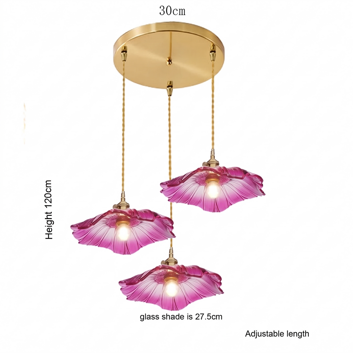 Bloom Glass Pendant dimensions - pink shades, adjustable length