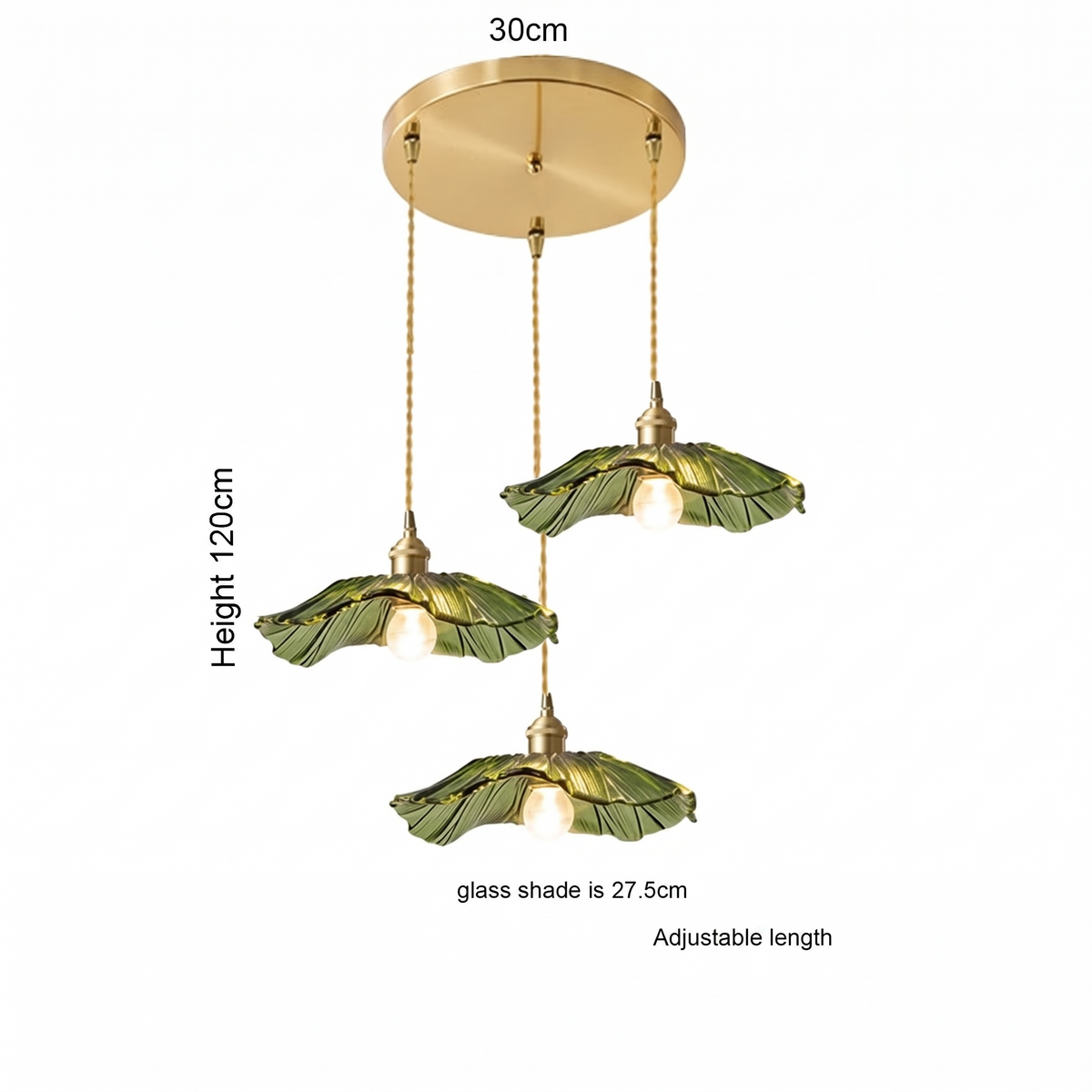 Bloom Glass Pendant dimensions - green lotus shades, adjustable length