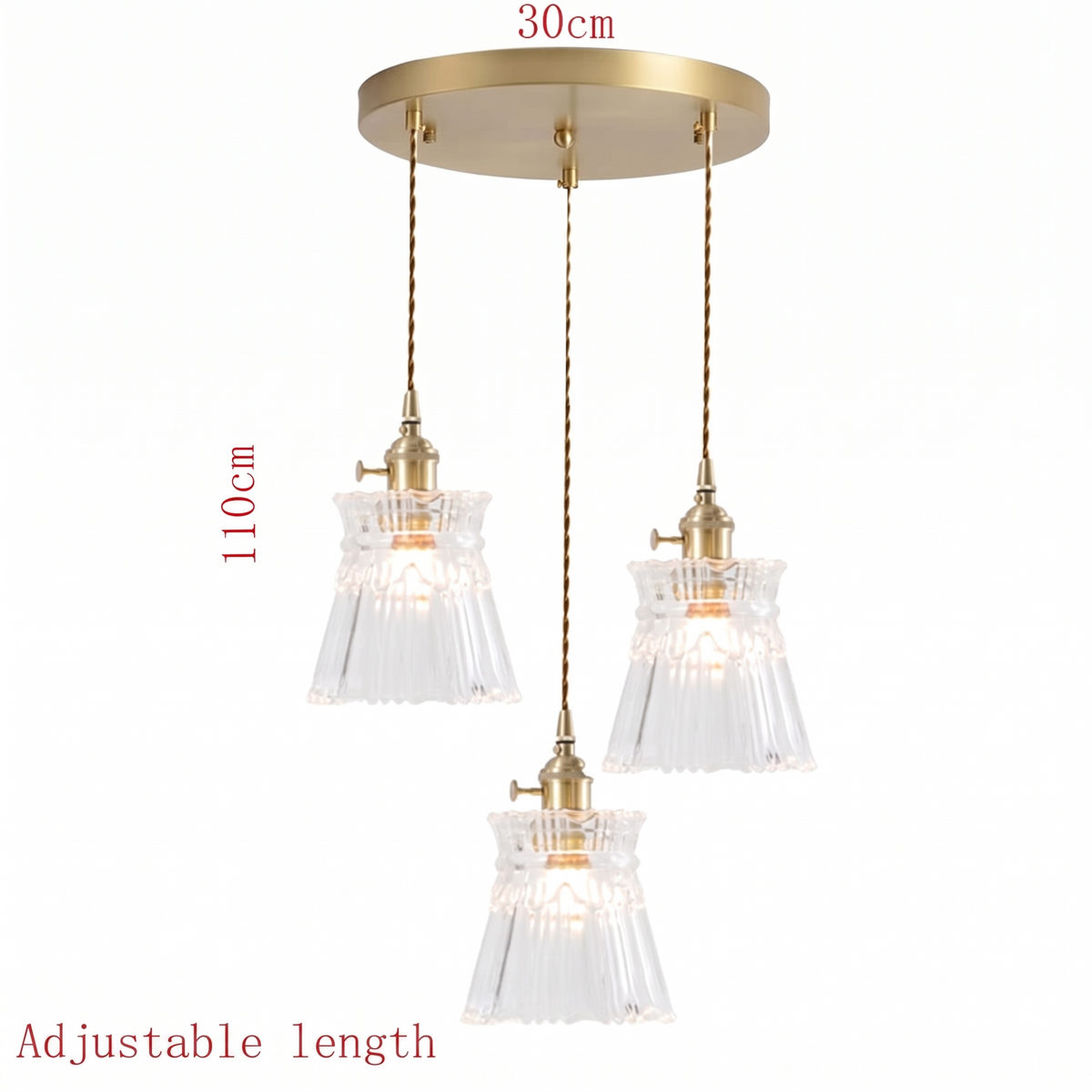 Bloom Glass Pendant dimensions - 30cm plate, 110cm drop, adjustable length