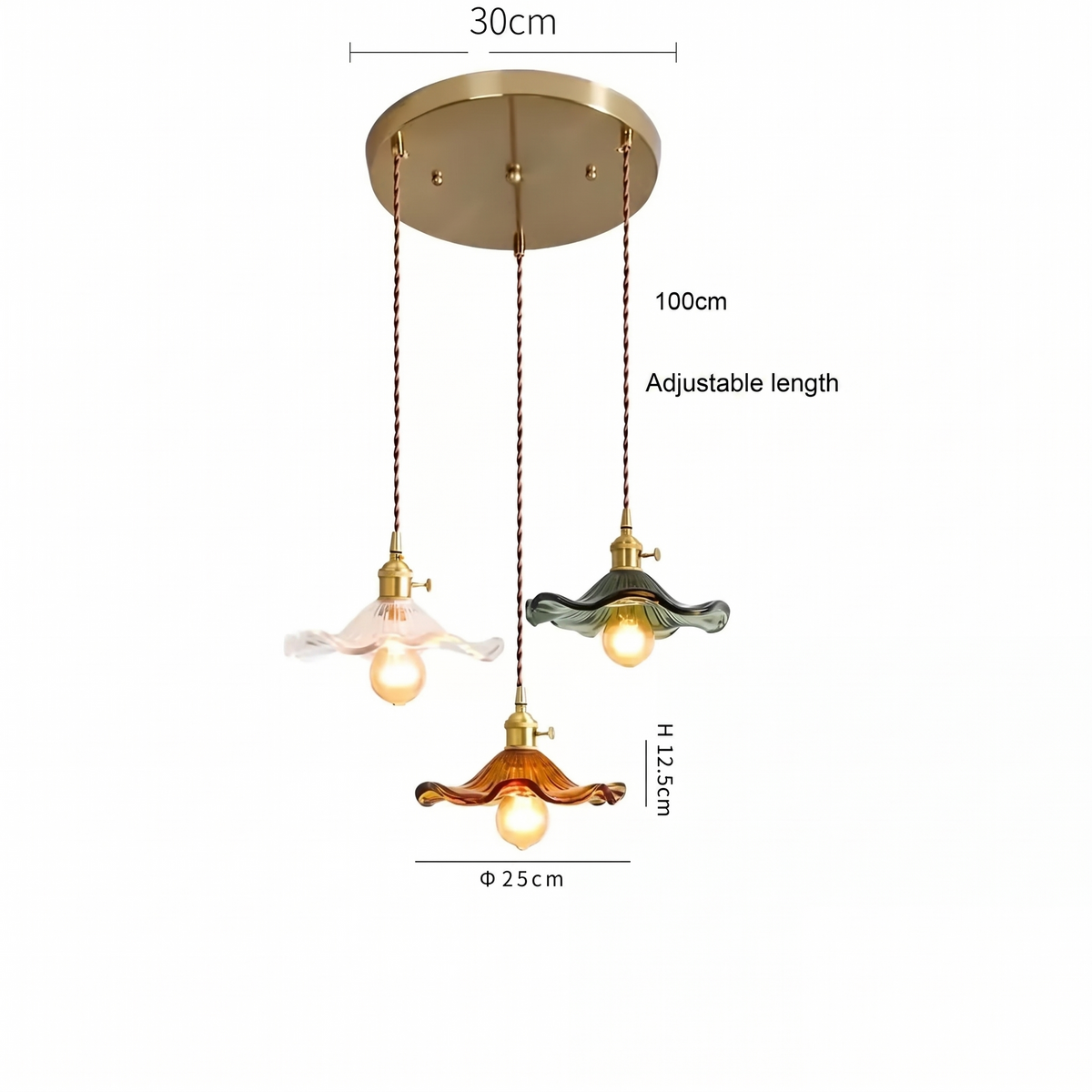 Bloom Glass Pendant three-light cluster dimensions - 30cm plate, 100cm drop, adjustable length