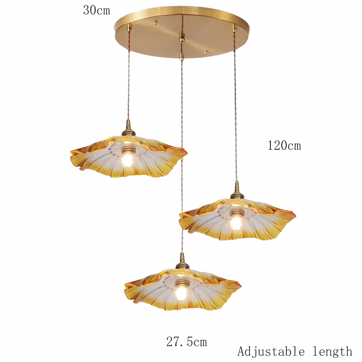 Bloom Glass Pendant lotus three-light cluster dimensions - 30cm plate, 120cm drop, adjustable length
