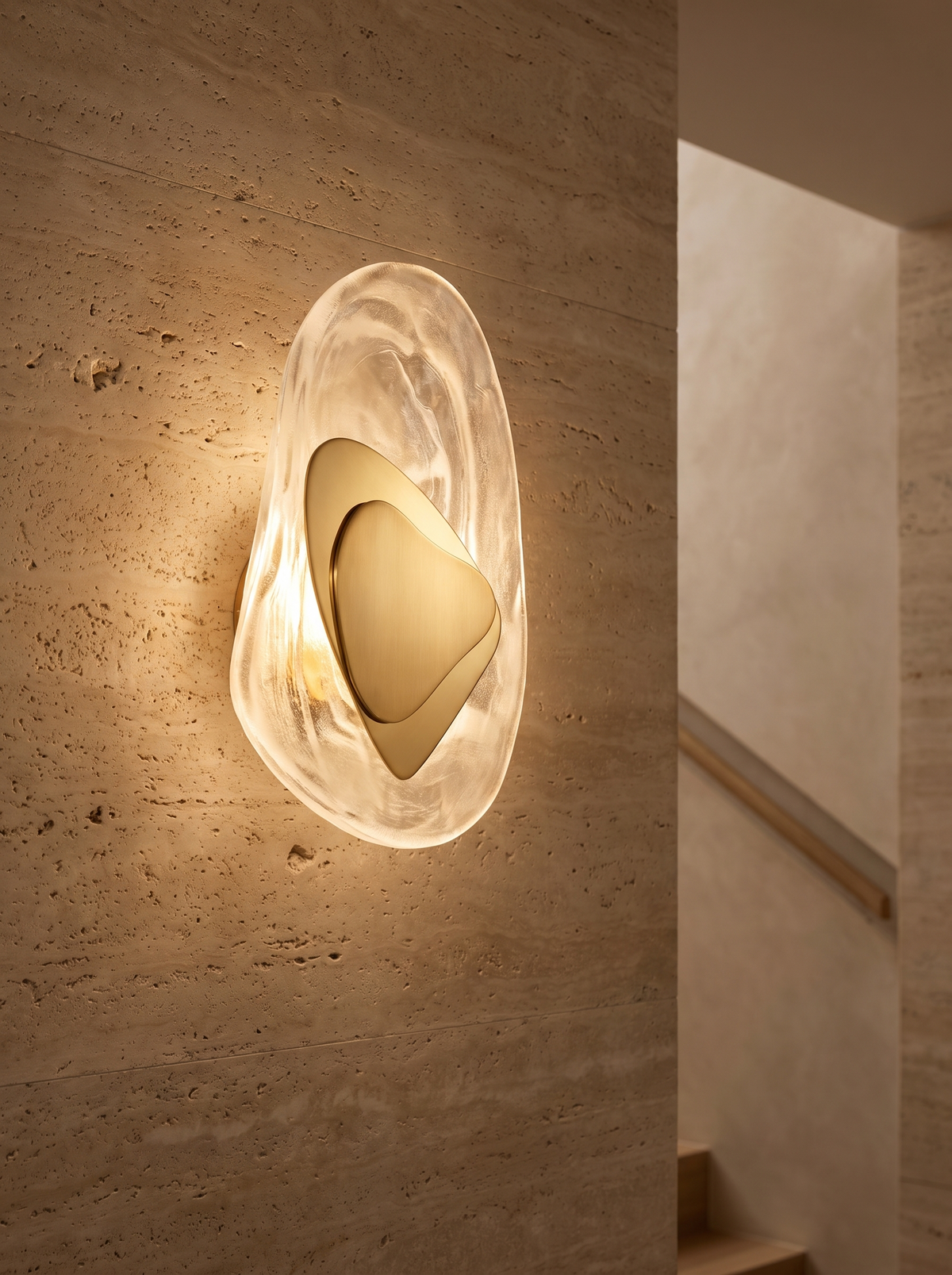 Fresco Patterned Glass Sconce on a travertine stairwell wall