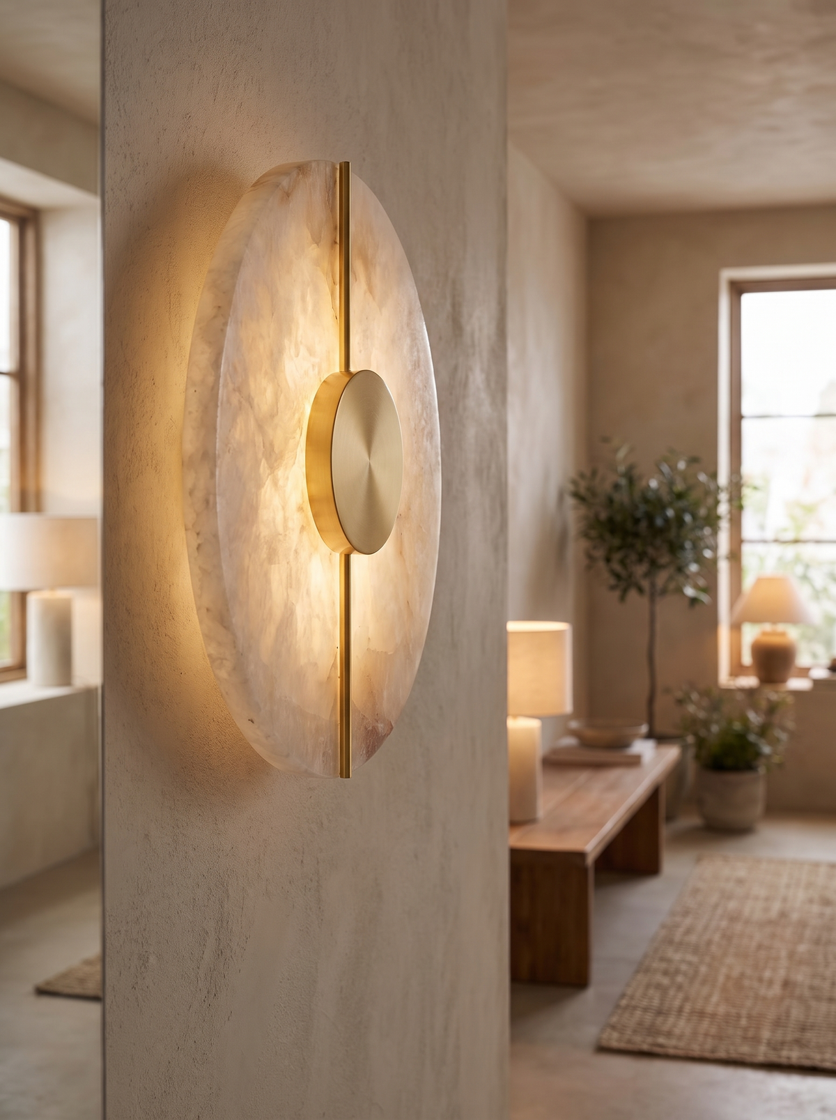 Alabaster LED Sconce glowing on a plaster wall